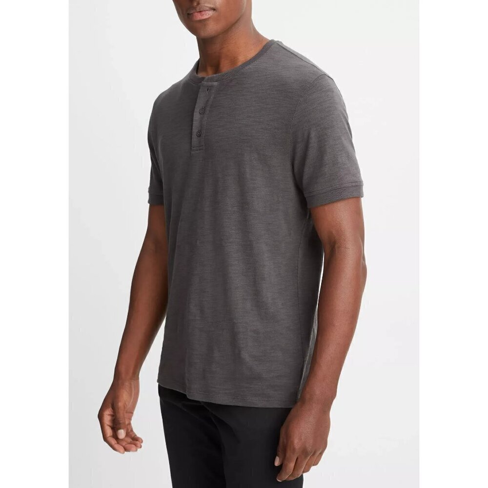 VINCE Slub Cotton Short Sleeve Henley Heather Gray Size Large